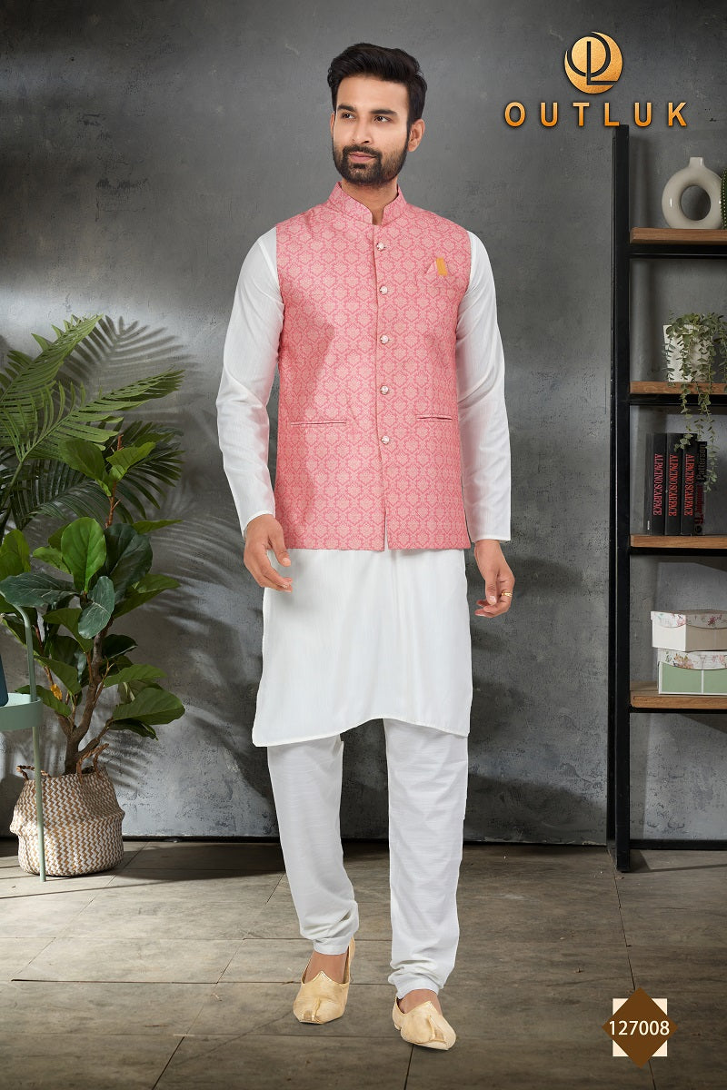 White Cotton Mens Kurta Pajama with Jackets 127008