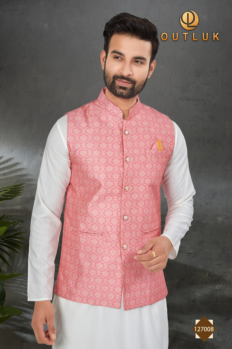 White Cotton Mens Kurta Pajama with Jackets 127008