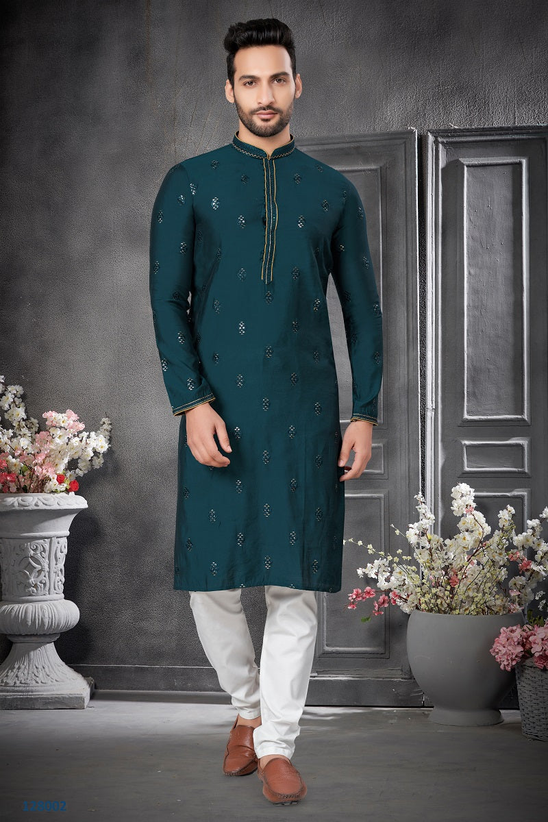 Green Cotton Silk Mens Kurta Pajama 128002