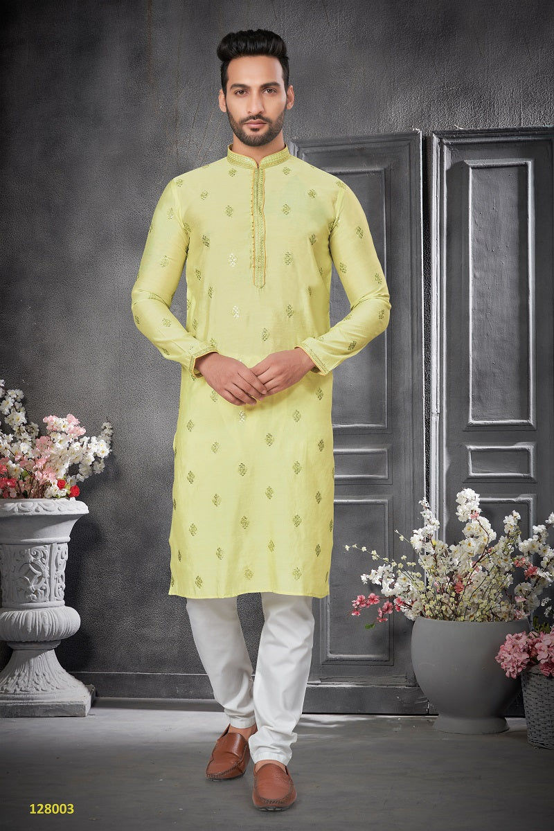 Lemon Cotton Silk Mens Kurta Pajama 128003