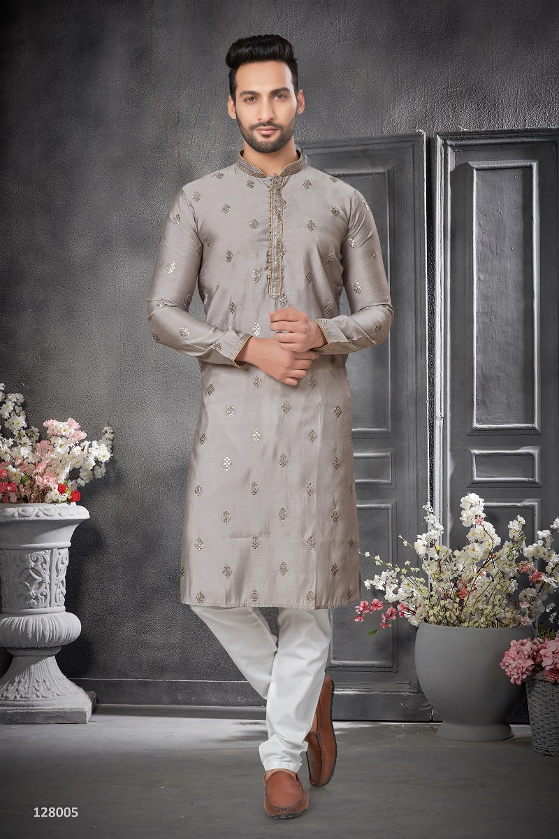 Gray Cotton Silk Mens Kurta Pajama 128005