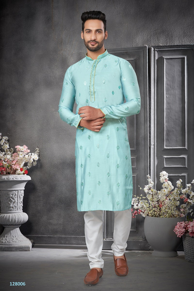 Green Cotton Silk Mens Kurta Pajama 128006