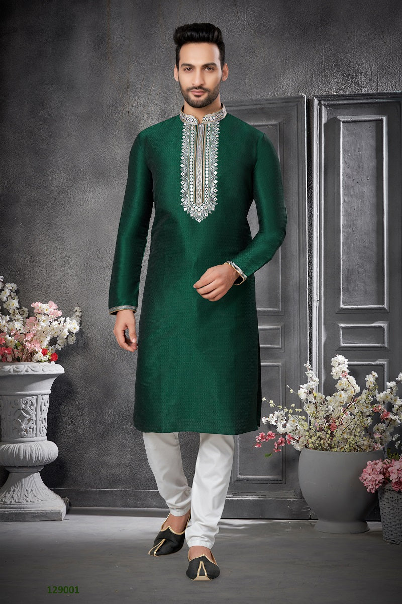 Green Silk Mens Kurta Pajama 129001