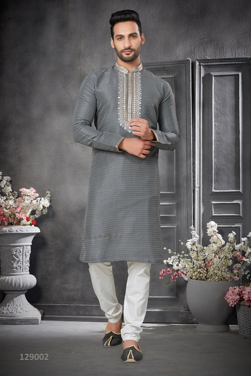 Gray Silk Mens Kurta Pajama 129002