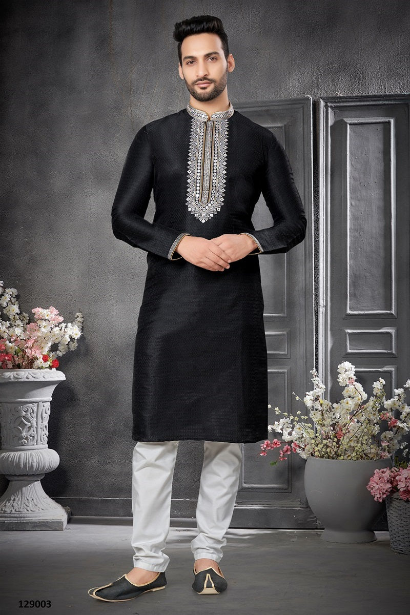 Black Silk Mens Kurta Pajama 129003