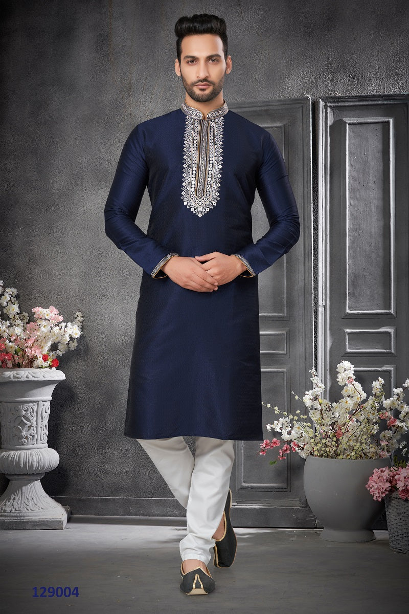 Navy Blue Silk Mens Kurta Pajama 129004