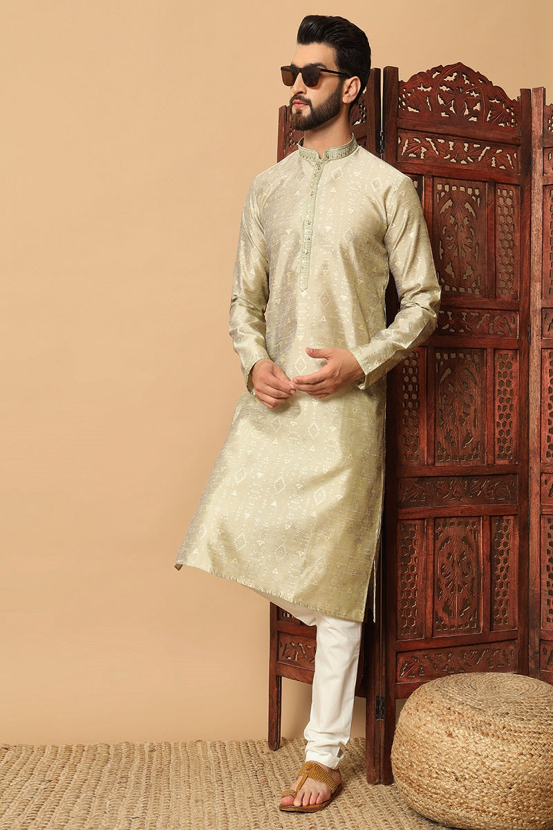 Sea Green And White Jacquard Mens Kurta Pajama 130002