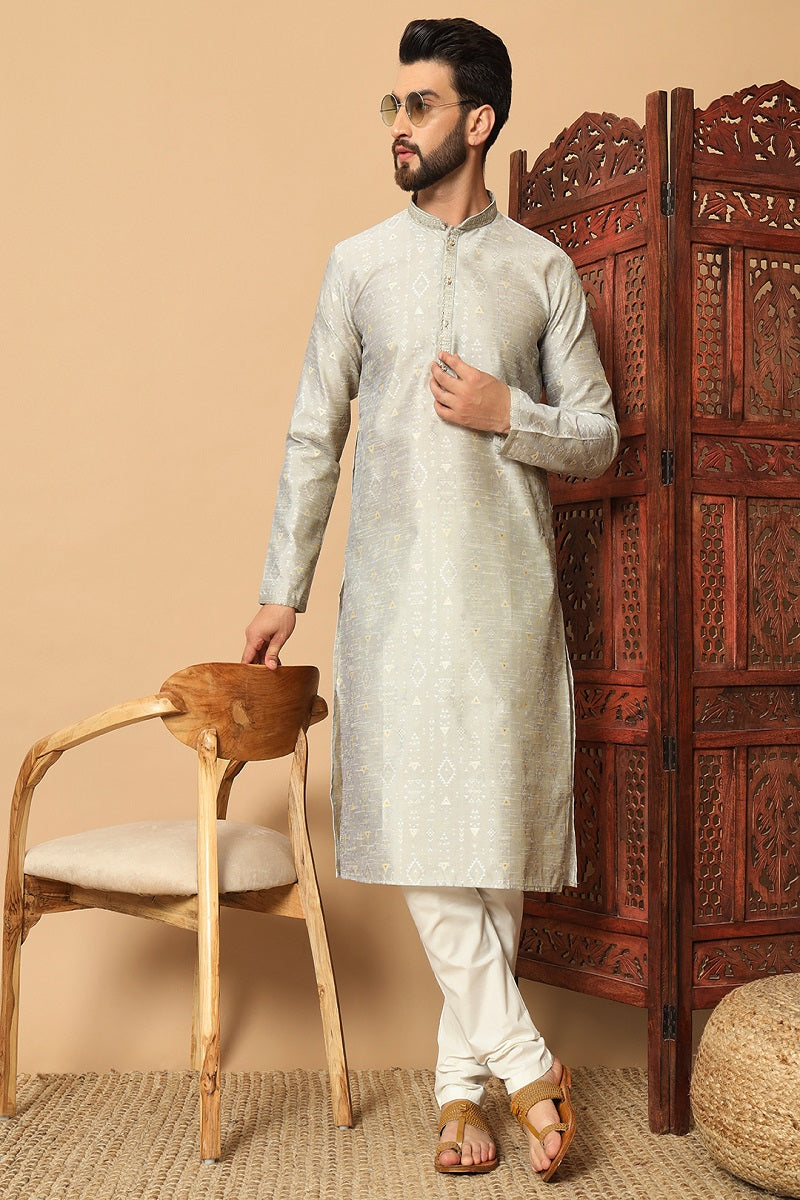 Grey And White Jacquard Mens Kurta Pajama 130003