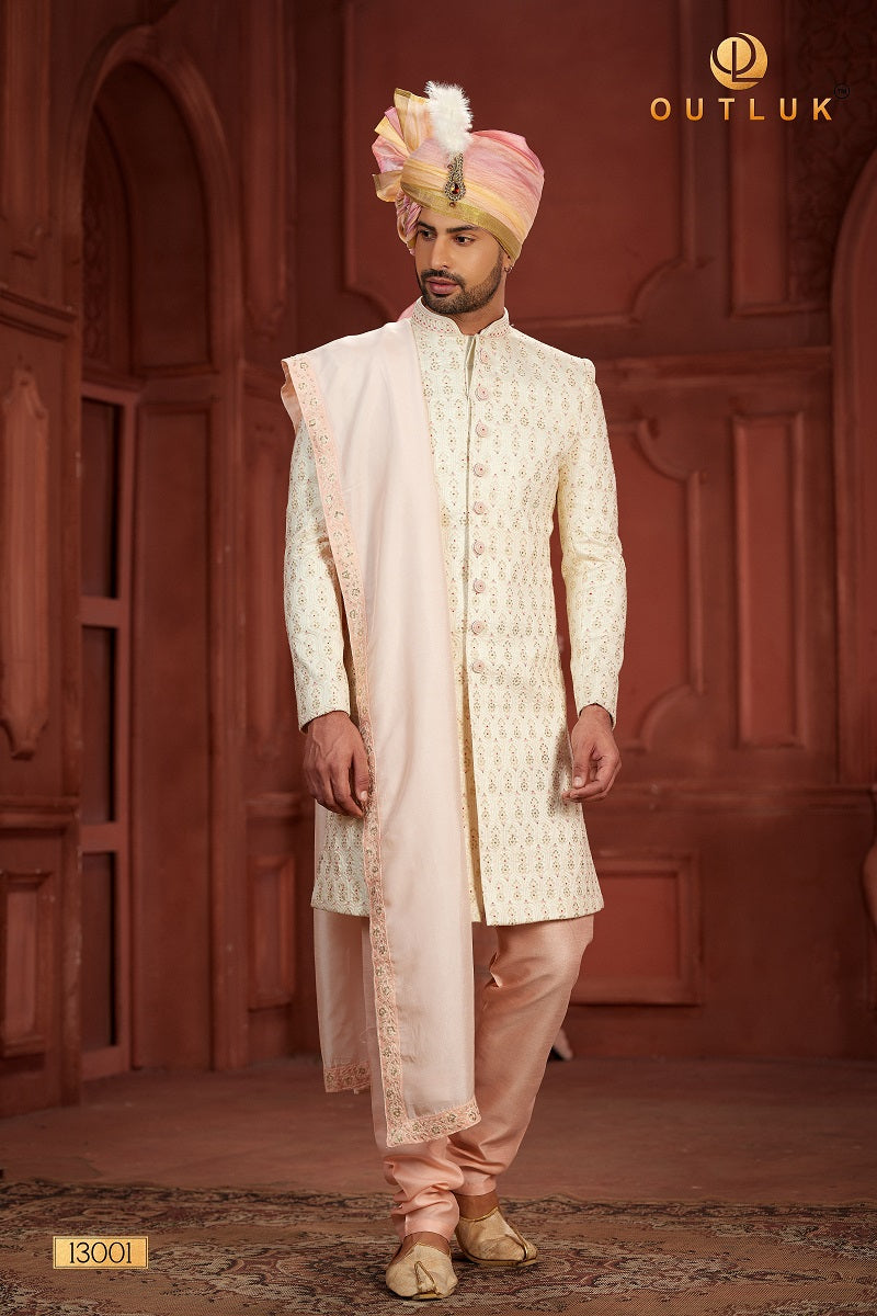 Pink and Cream Pure Silk Mens Sherwani 13001