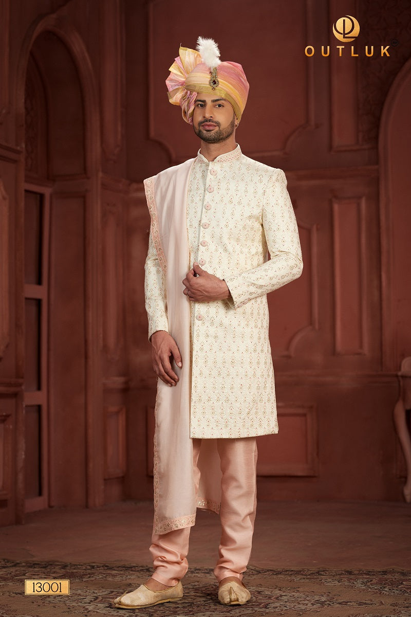 Pink and Cream Pure Silk Mens Sherwani 13001