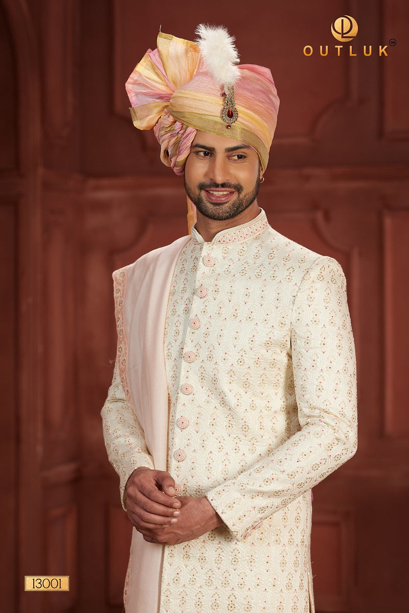 Pink and Cream Pure Silk Mens Sherwani 13001