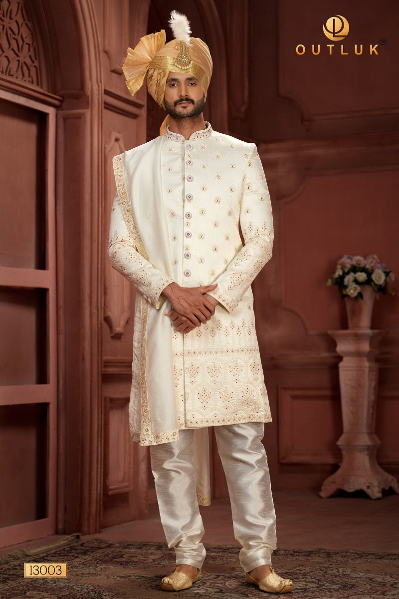 Off White Pure Silk Mens Sherwani 13003