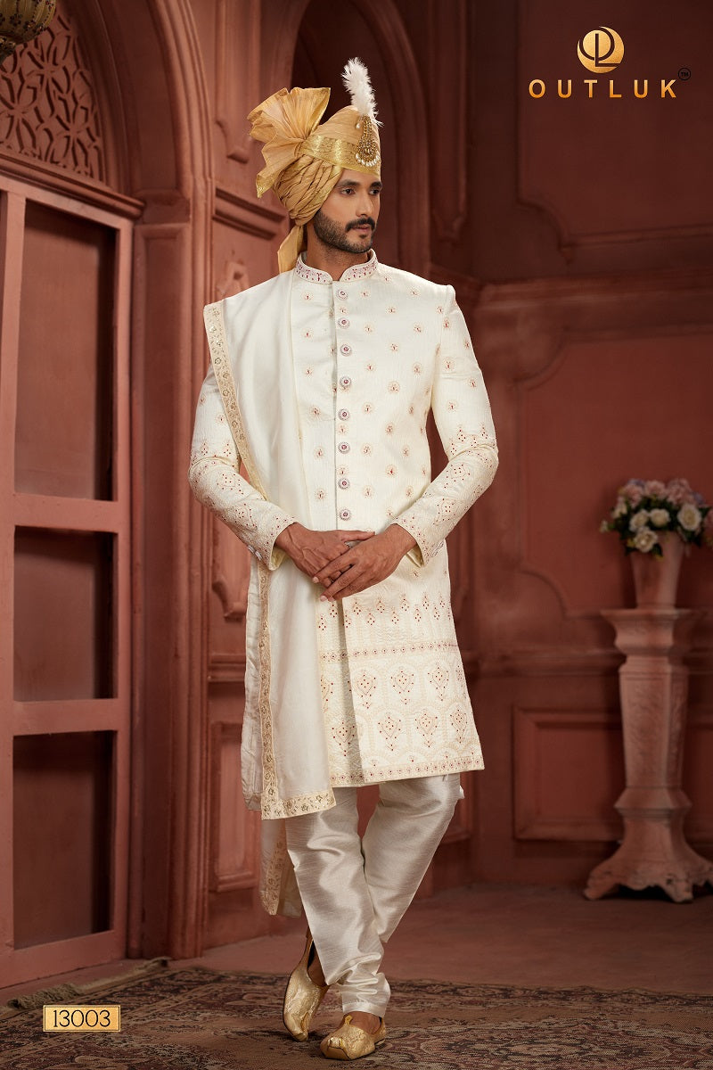 Off White Pure Silk Mens Sherwani 13003