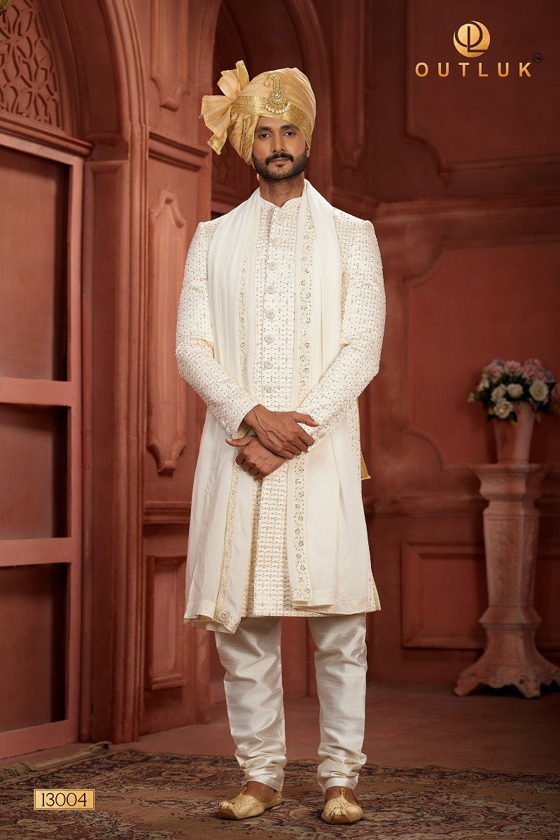 Cream Pure Silk Mens Sherwani 13004