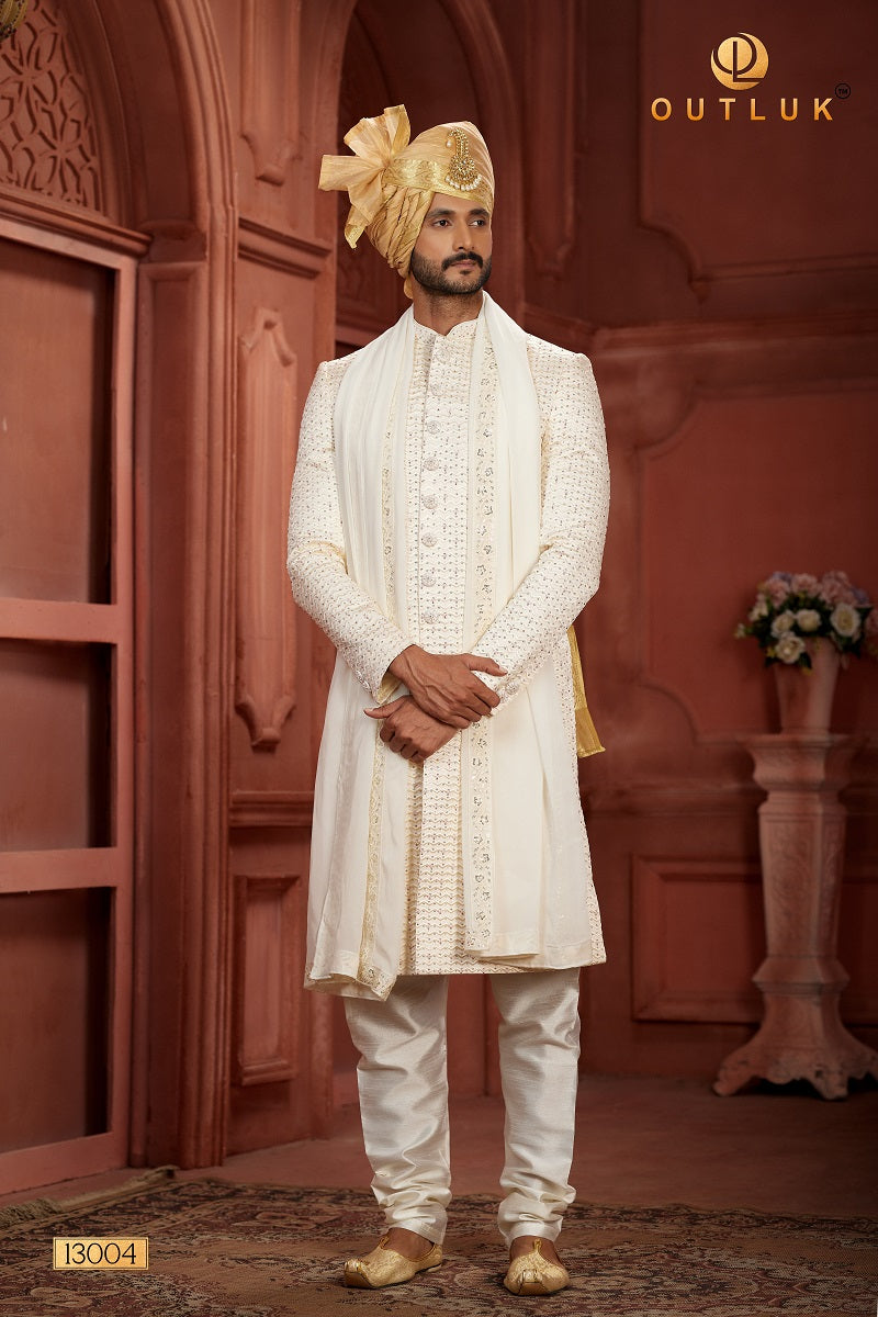 Cream Pure Silk Mens Sherwani 13004