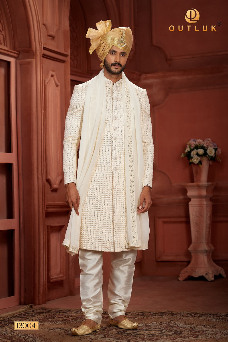 Cream Pure Silk Mens Sherwani 13004