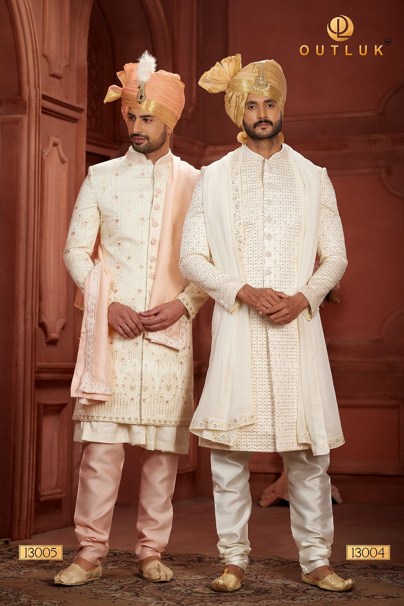 Cream Pure Silk Mens Sherwani 13004