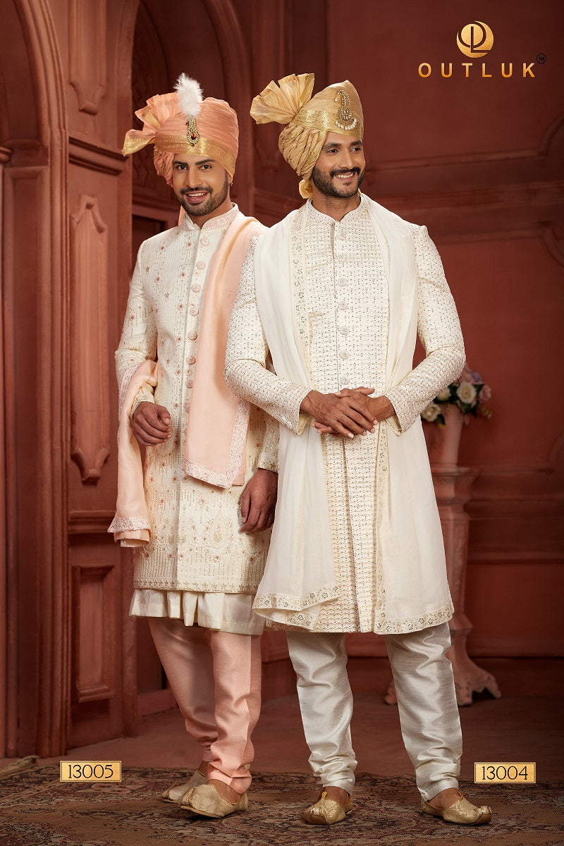 Cream and Baby Pink Pure Silk Mens Sherwani 13005