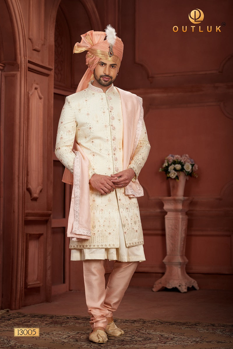 Cream and Baby Pink Pure Silk Mens Sherwani 13005