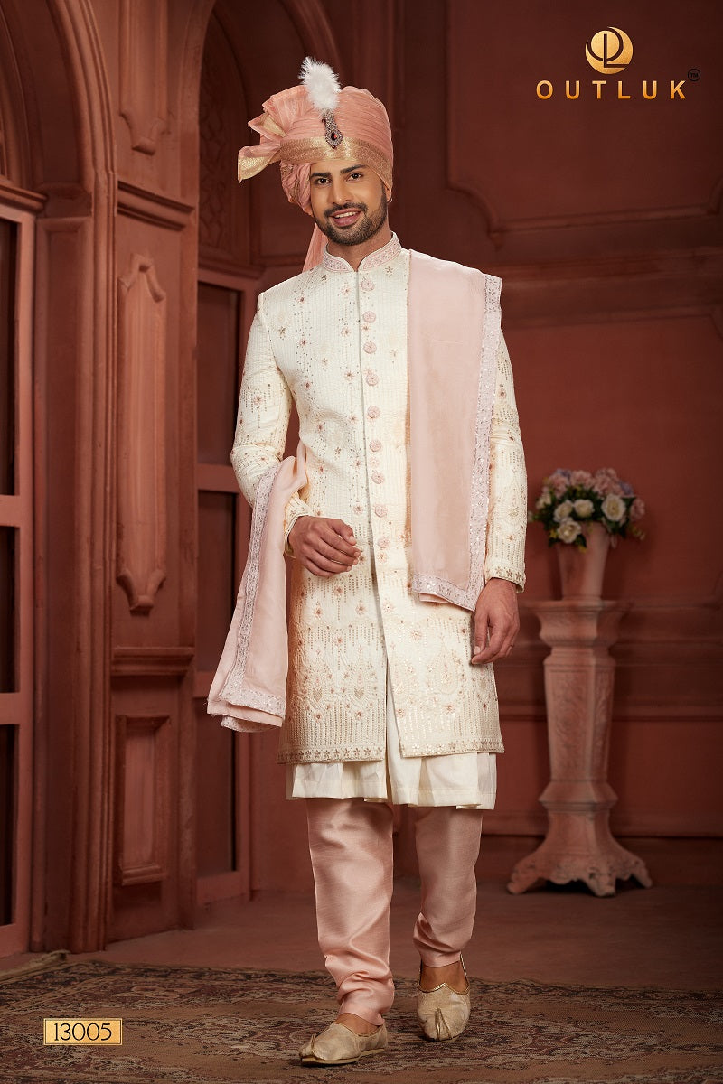 Cream and Baby Pink Pure Silk Mens Sherwani 13005