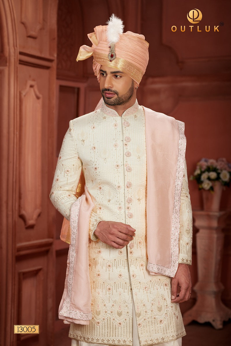 Cream and Baby Pink Pure Silk Mens Sherwani 13005