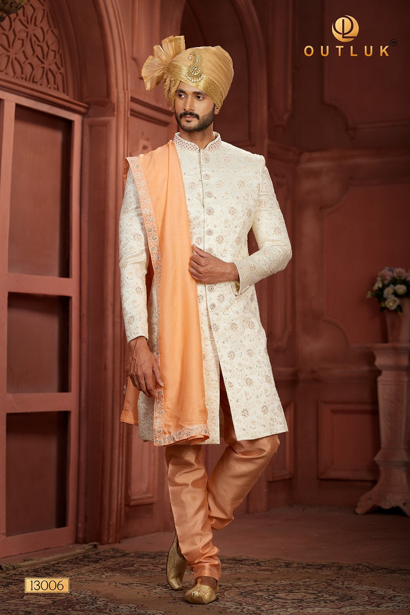 Cream and Peach Pure Silk Mens Sherwani 13006