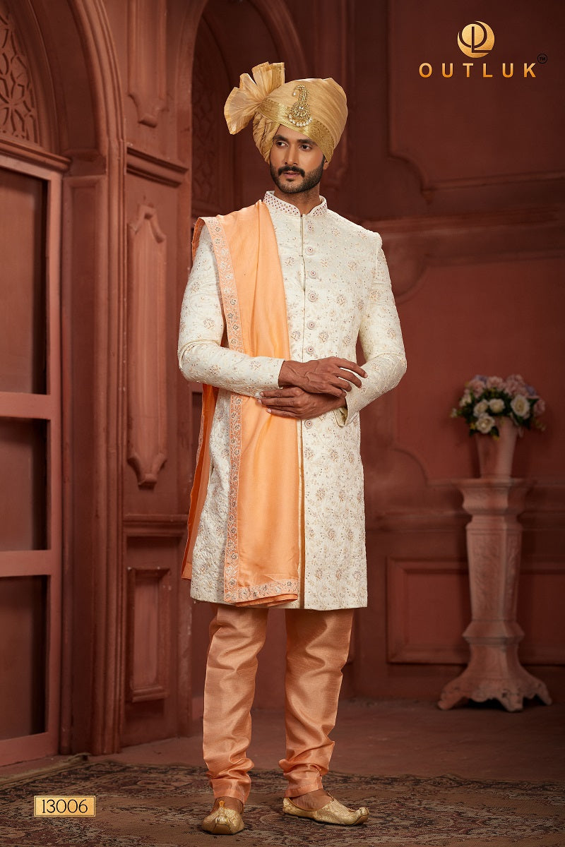 Cream and Peach Pure Silk Mens Sherwani 13006