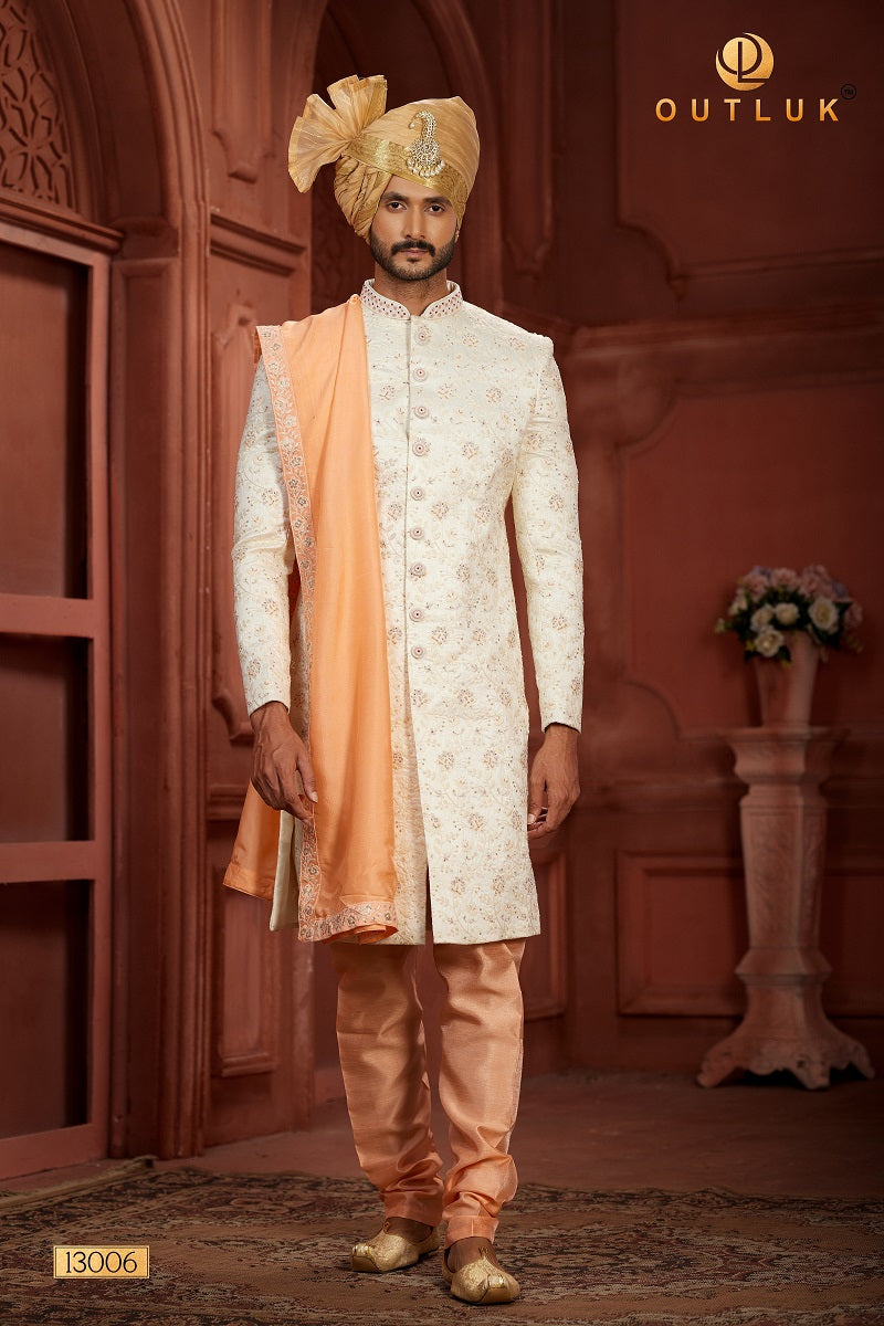 Cream and Peach Pure Silk Mens Sherwani 13006