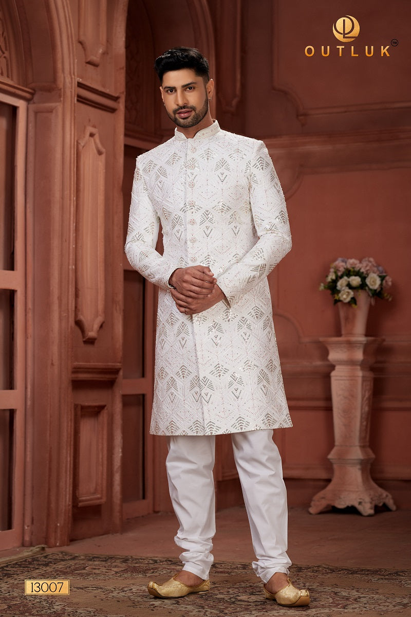 White Pure Silk Mens Sherwani 13007