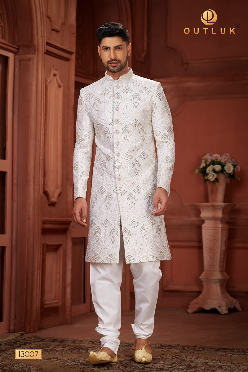 White Pure Silk Mens Sherwani 13007