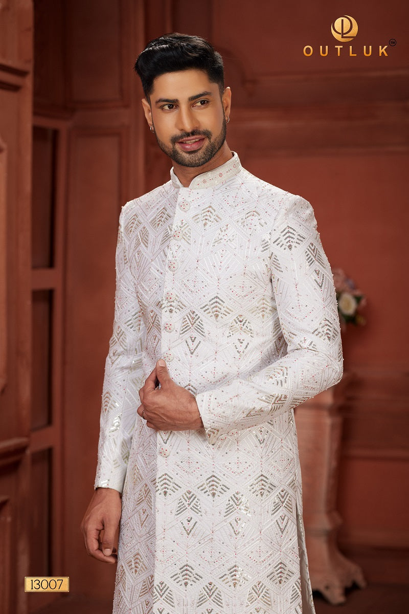 White Pure Silk Mens Sherwani 13007