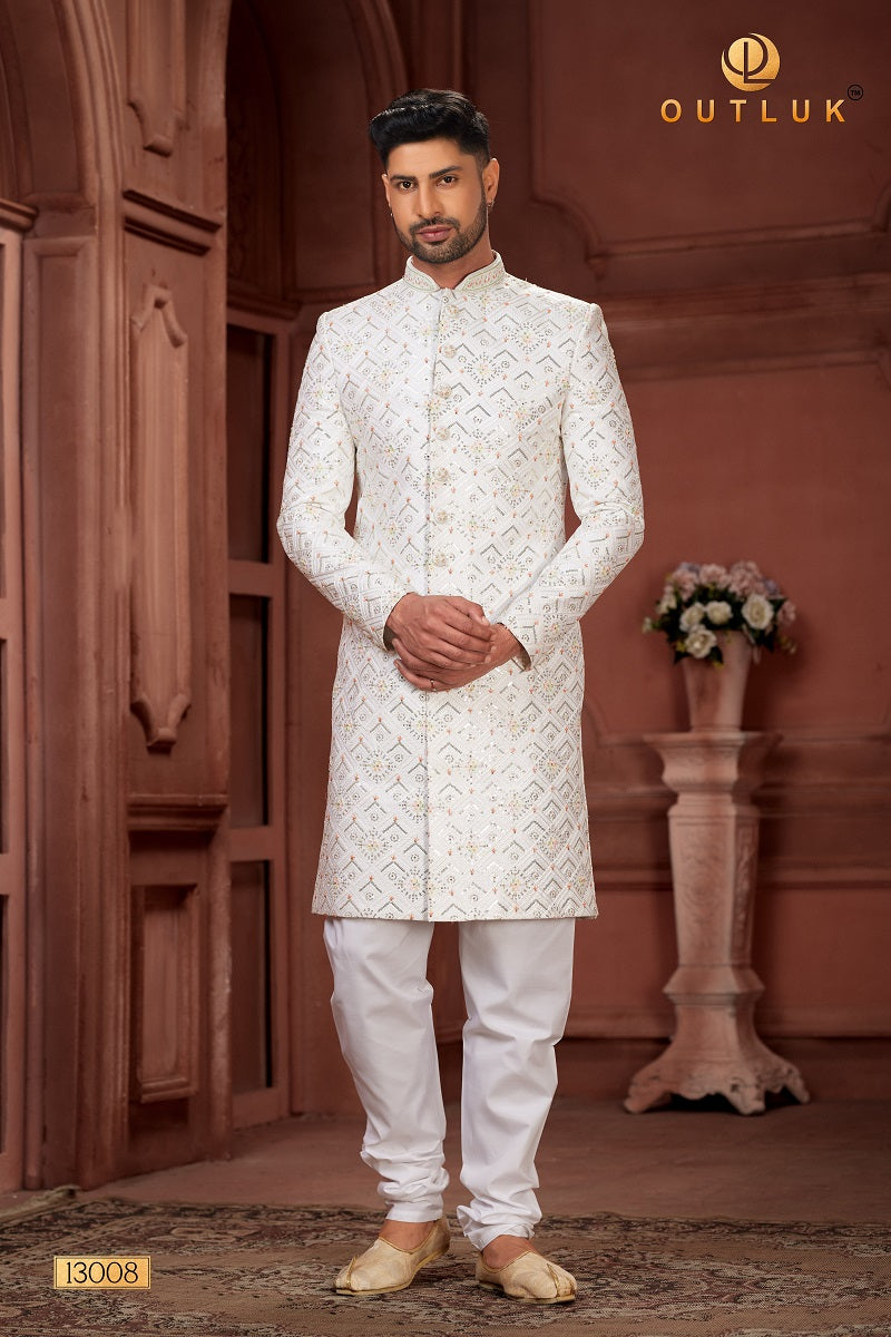 White Pure Silk Mens Sherwani 13008