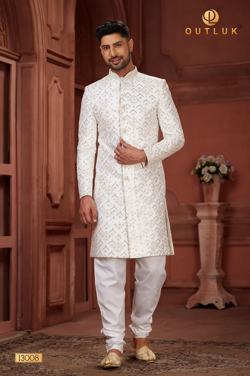 White Pure Silk Mens Sherwani 13008