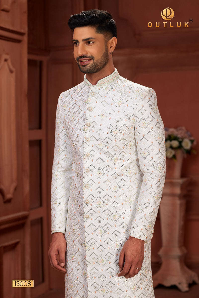 White Pure Silk Mens Sherwani 13008