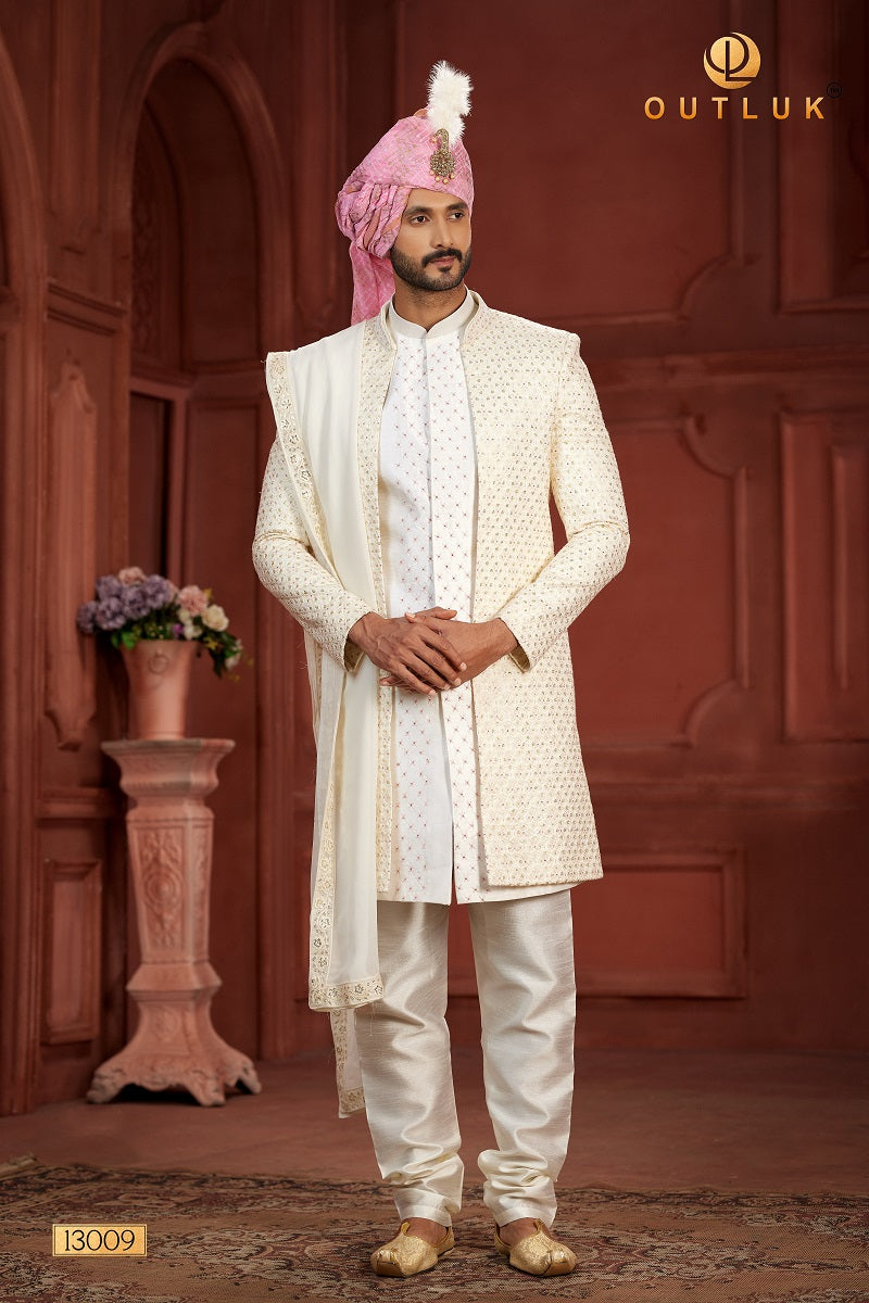 Cream and Baby Pink Pure Silk Mens Sherwani 13009