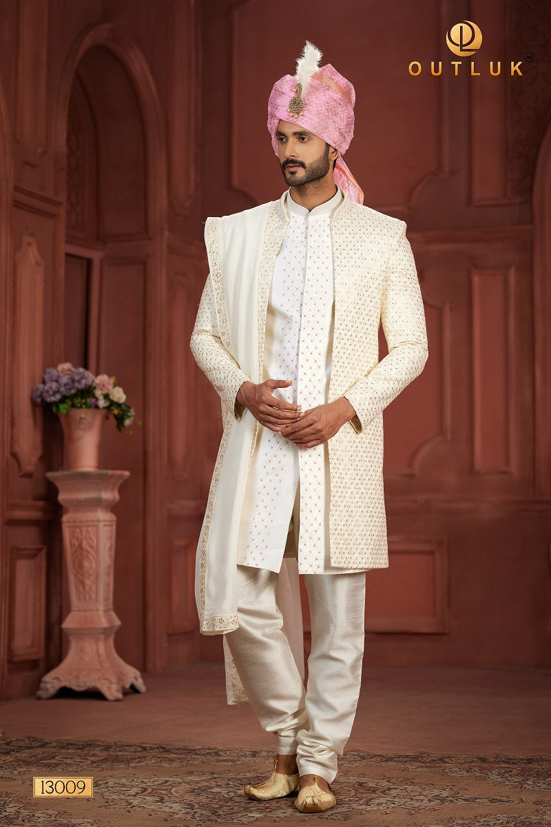 Cream and Baby Pink Pure Silk Mens Sherwani 13009