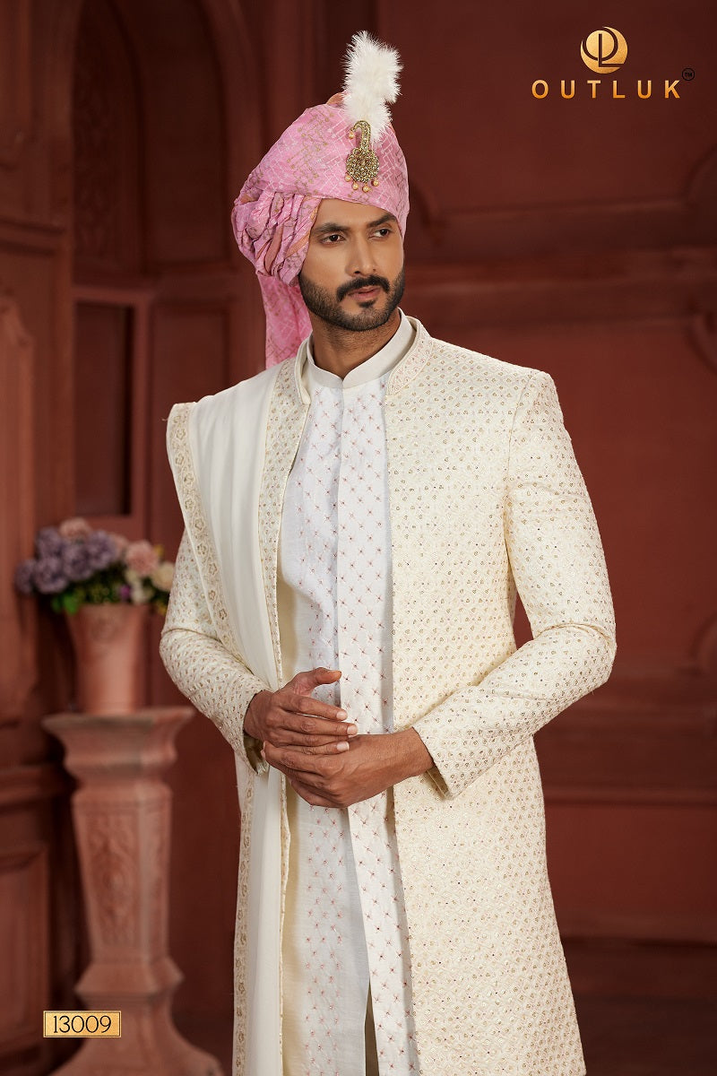 Cream and Baby Pink Pure Silk Mens Sherwani 13009