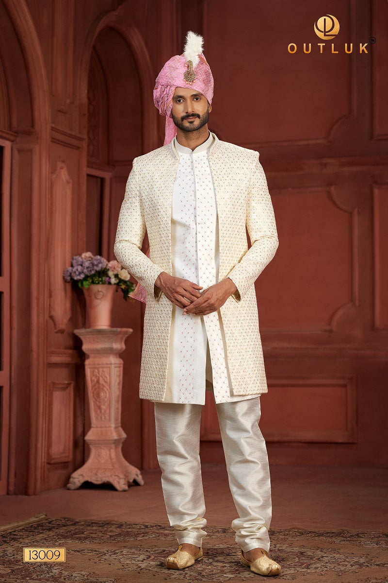 Cream and Baby Pink Pure Silk Mens Sherwani 13009