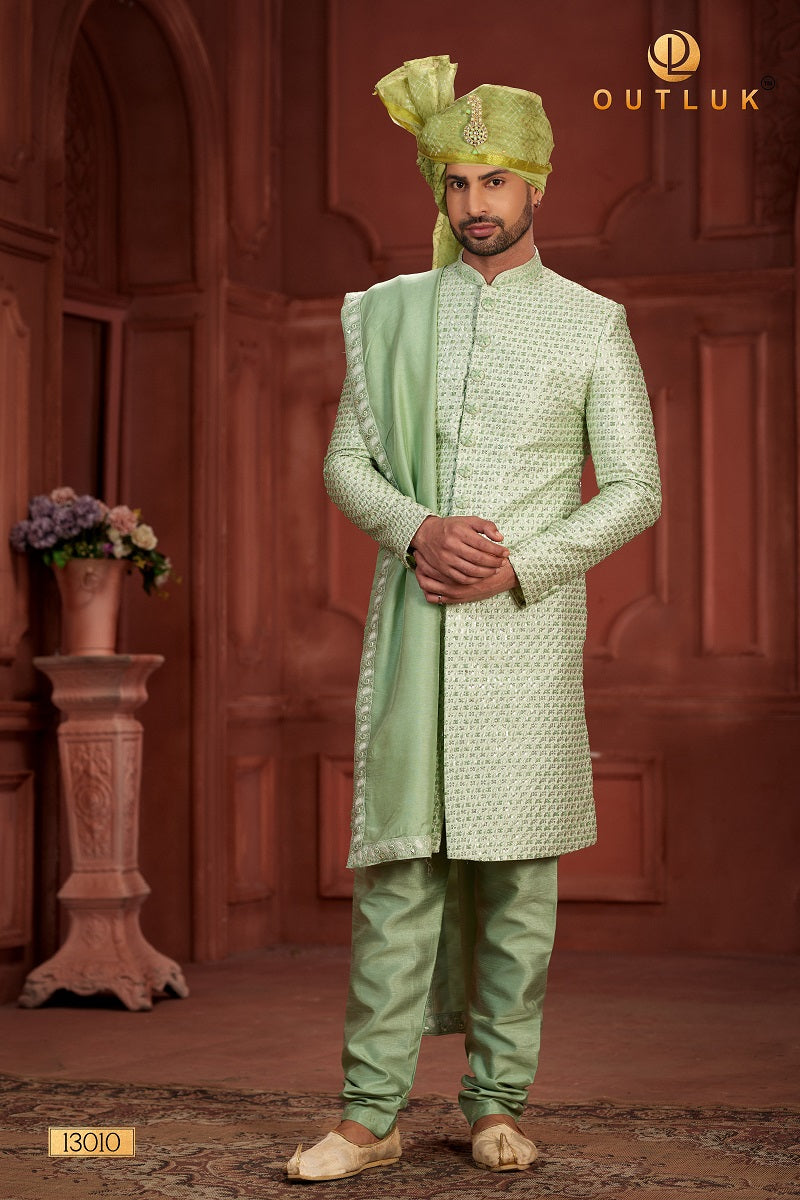 Pista Pink Pure Silk Mens Sherwani 13010