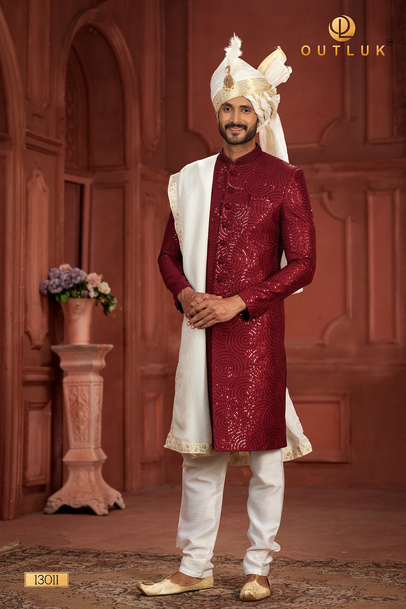 Maroon Pure Silk Mens Sherwani 13011