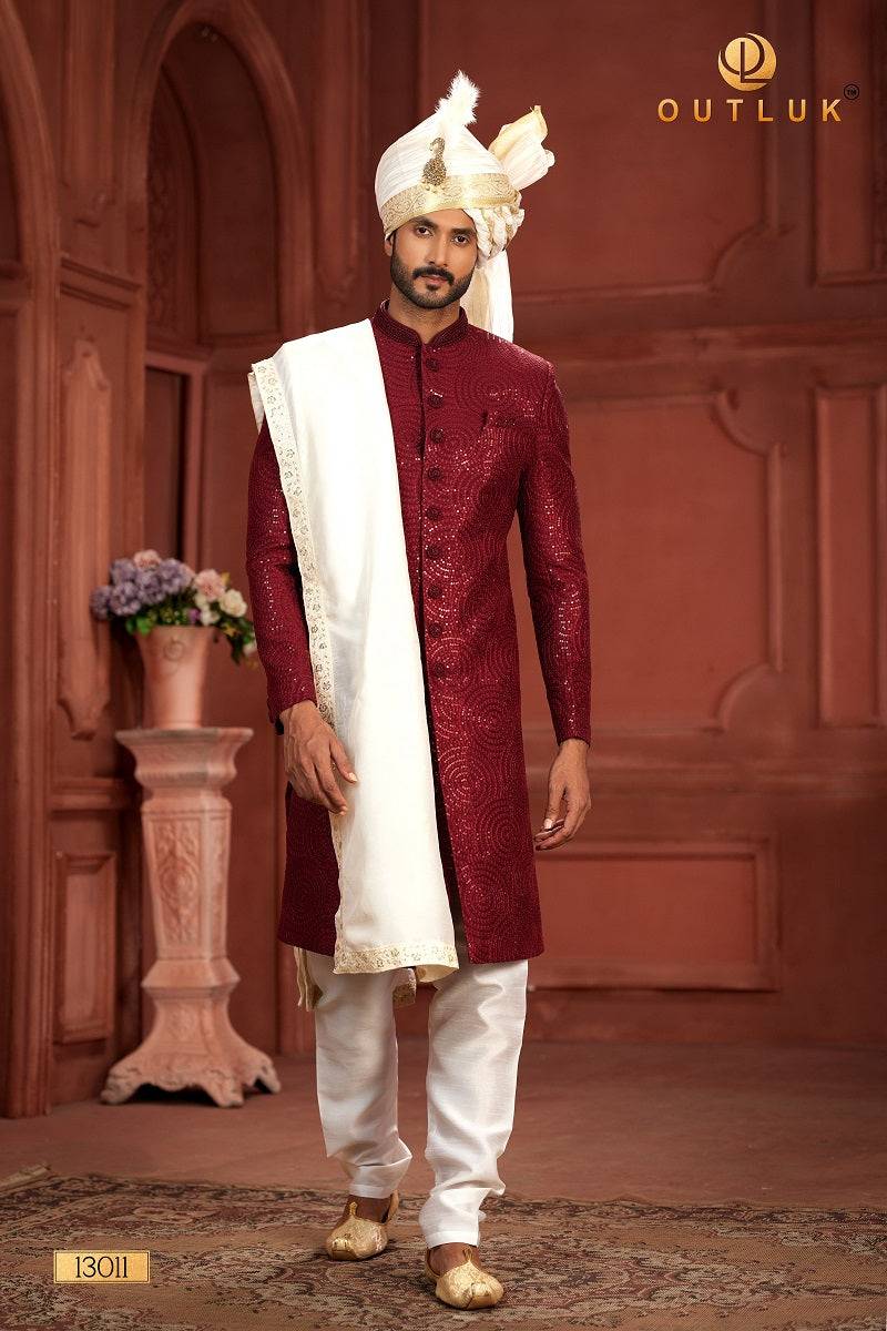 Maroon Pure Silk Mens Sherwani 13011