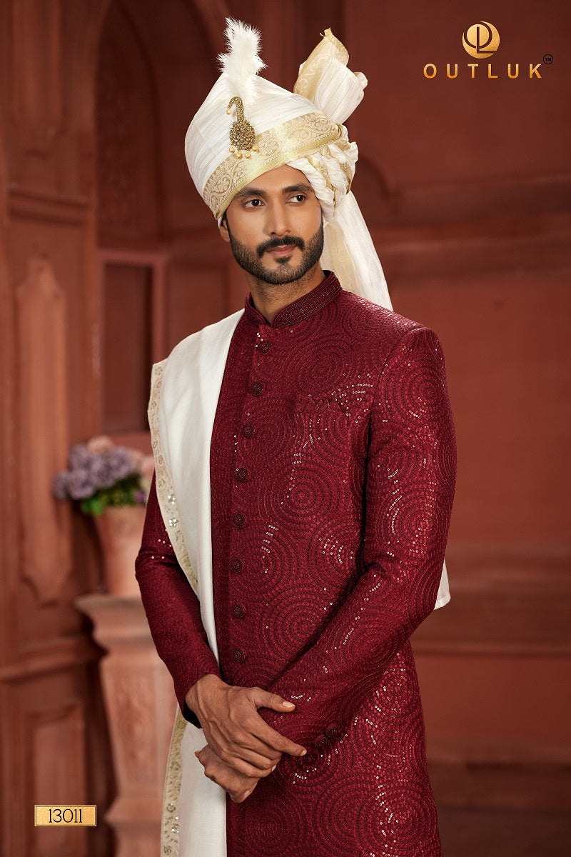 Maroon Pure Silk Mens Sherwani 13011