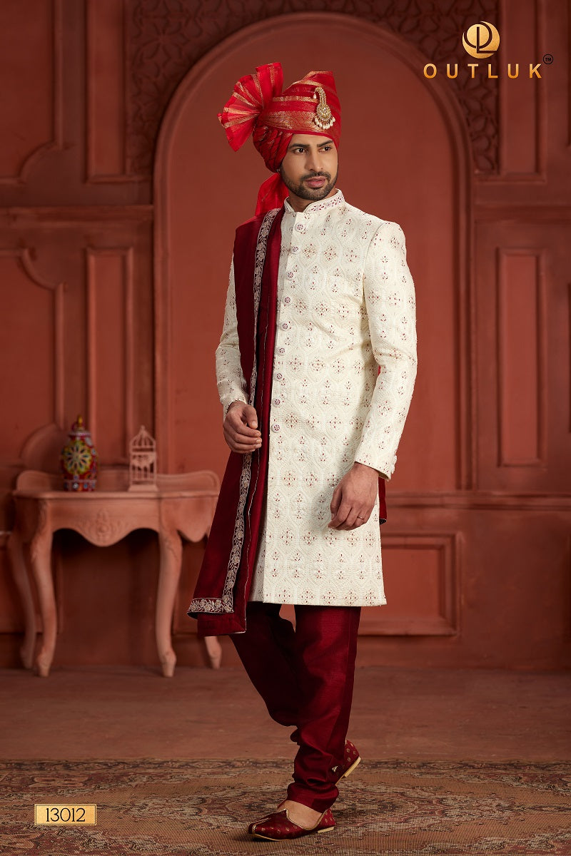 Cream and Rani Pure Silk Mens Sherwani 13012