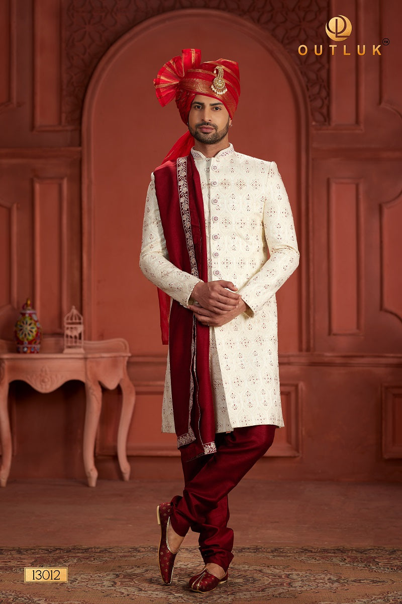 Cream and Rani Pure Silk Mens Sherwani 13012