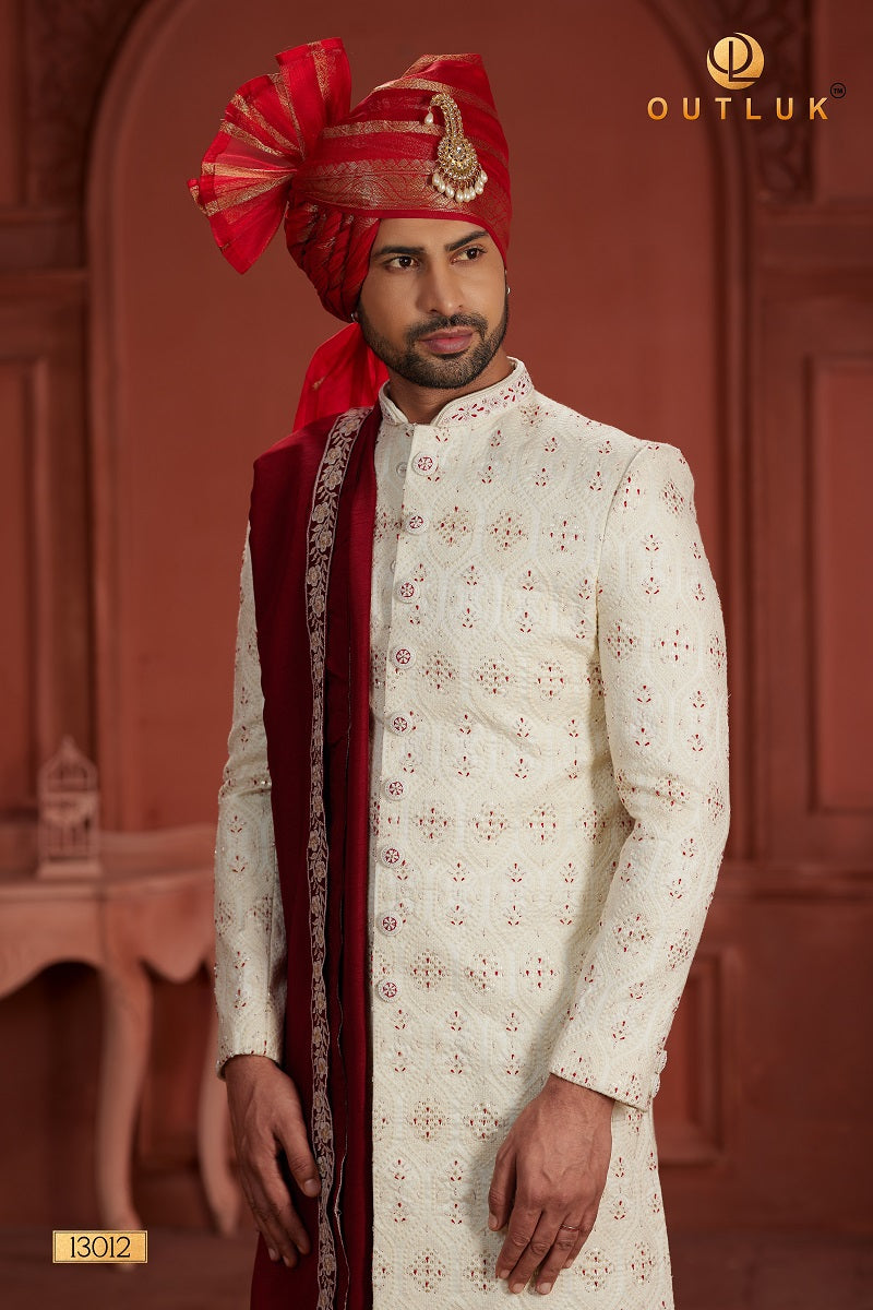 Cream and Rani Pure Silk Mens Sherwani 13012