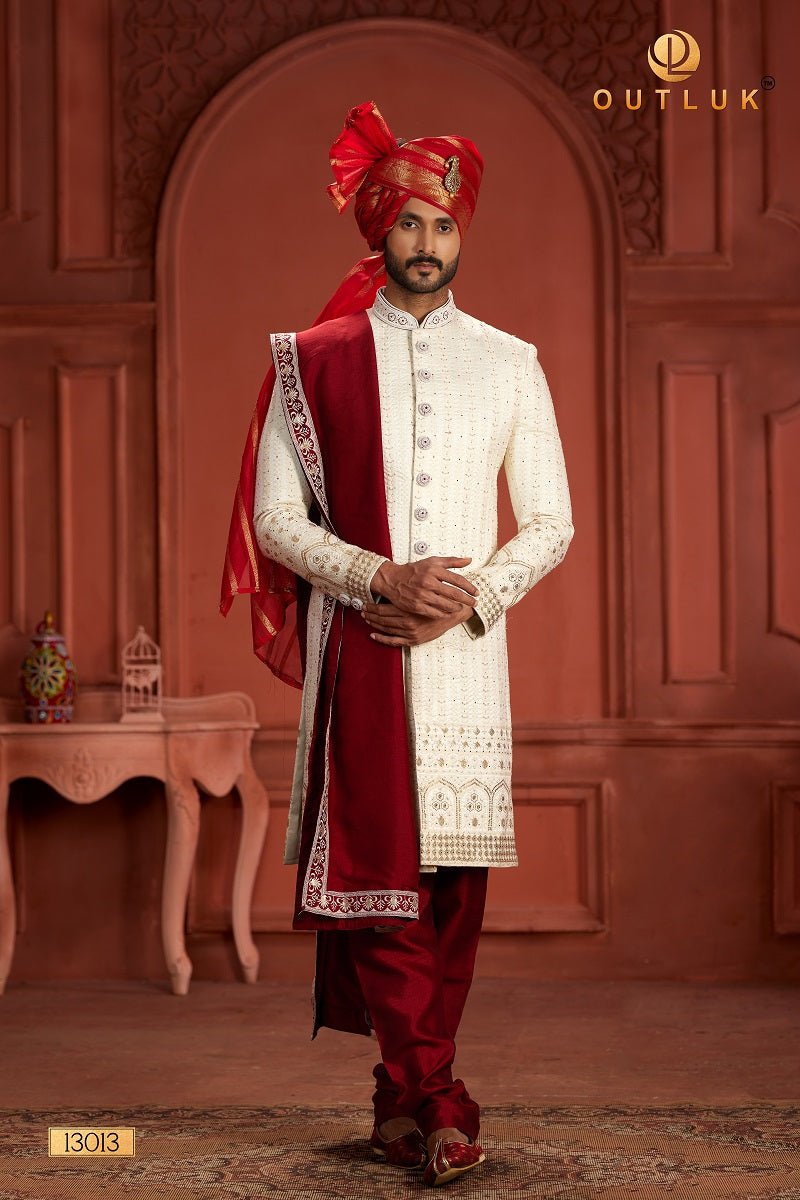 Cream and Golden Pure Silk Mens Sherwani 13013