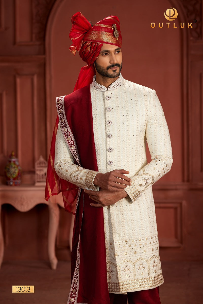 Cream and Golden Pure Silk Mens Sherwani 13013