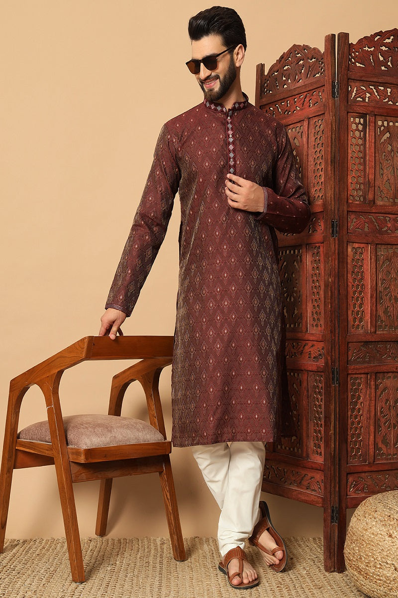 Maroon Jacquard Mens Kurta Pajama 131001