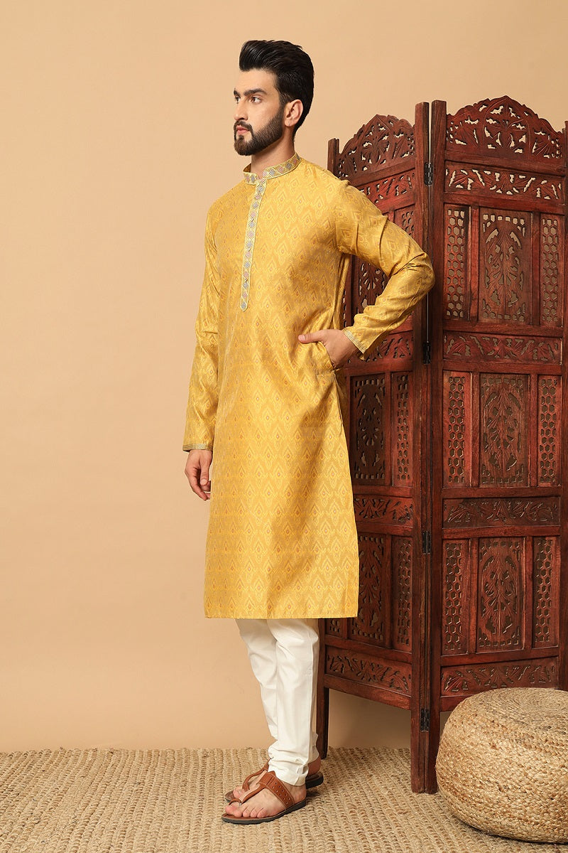 Yellow Jacquard Mens Kurta Pajama 131002