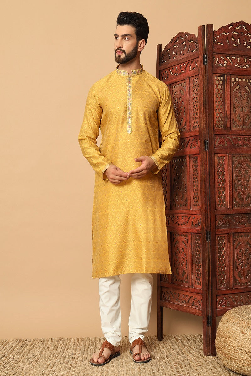 Yellow Jacquard Mens Kurta Pajama 131002